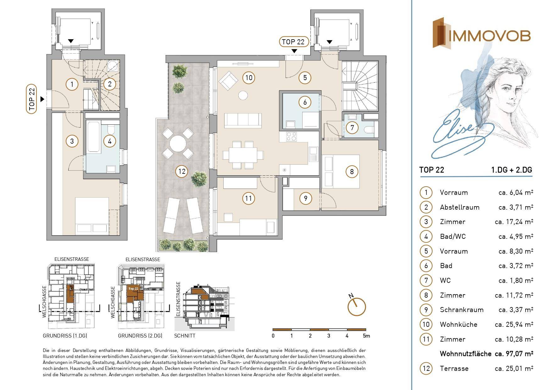 Detaillierter Grundriss einer Maisonette-Wohnung mit offenem Wohnbereich und großer Terrasse.