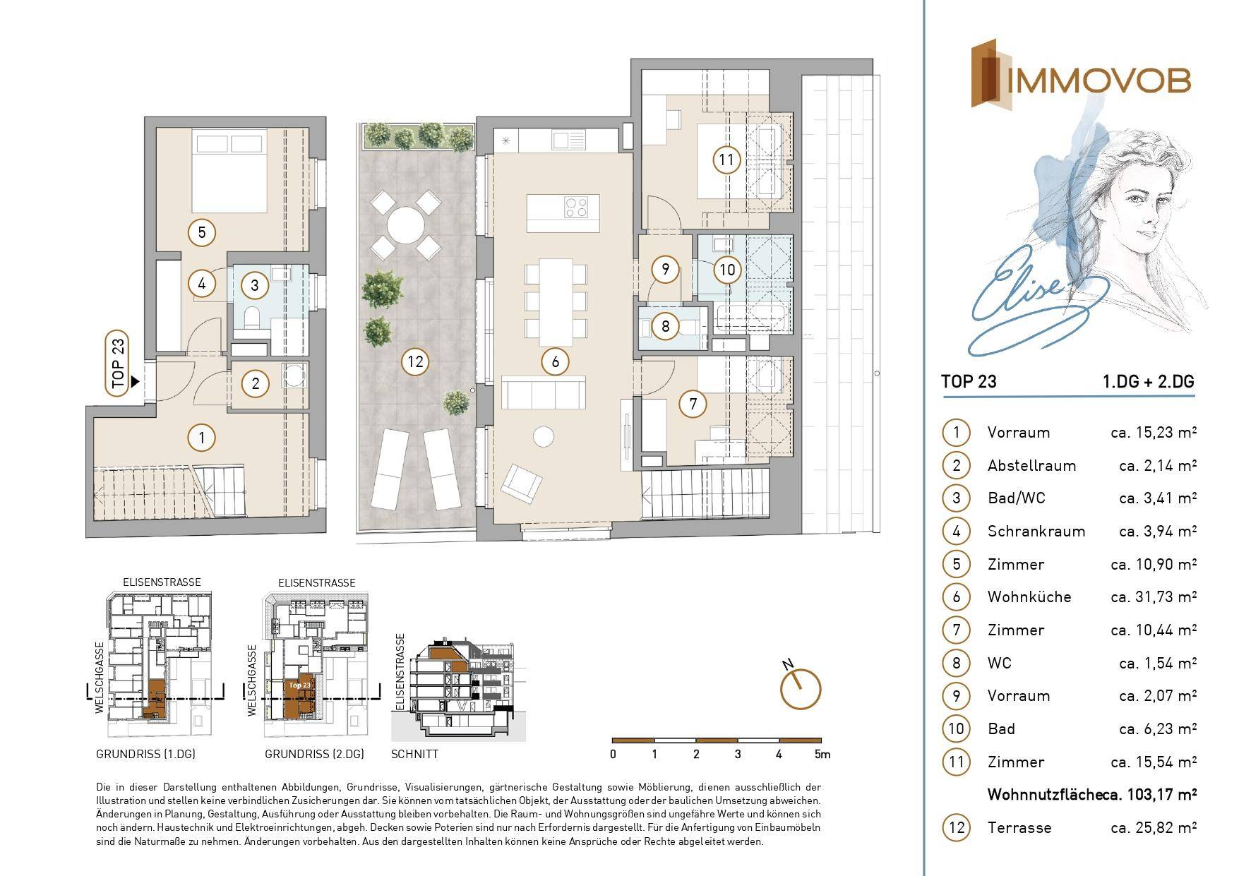 Detaillierter Grundriss einer Maisonette-Wohnung mit zwei Ebenen und großer Terrasse.