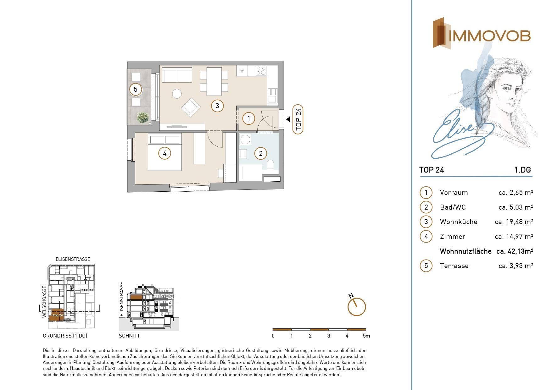 Detaillierter Grundriss der Wohnung TOP 24 mit Wohnküche, Schlafzimmer und Terrasse.
