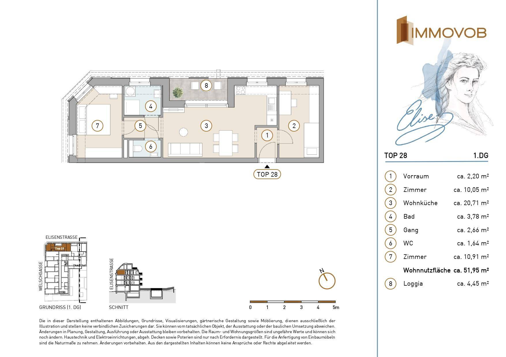Detaillierter Grundriss der Wohnung TOP 28 im ersten Obergeschoss mit Loggia und klarer Raumaufteilung.