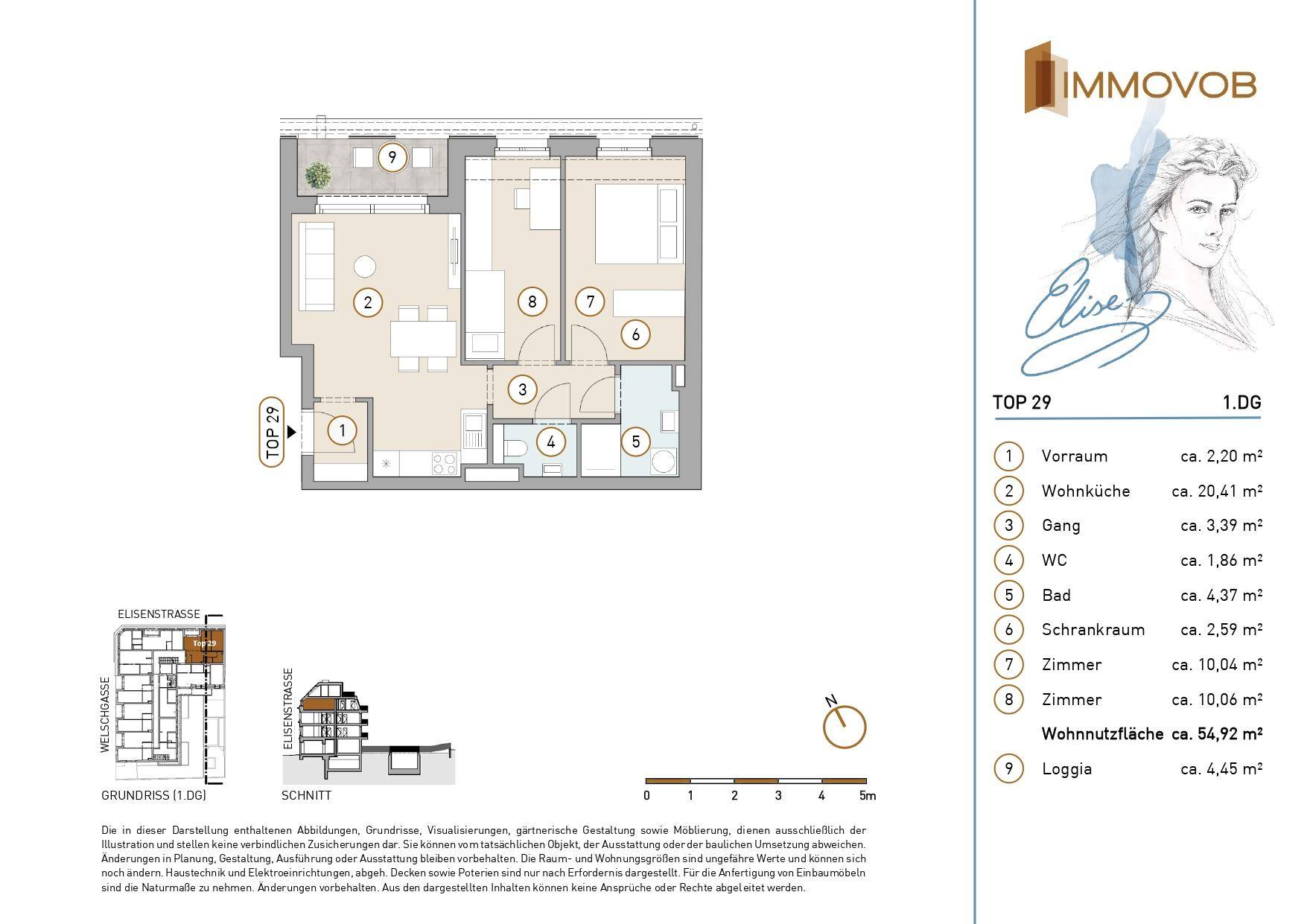 Detaillierter Grundriss der Wohnung TOP 29 im ersten Obergeschoss mit Loggia.