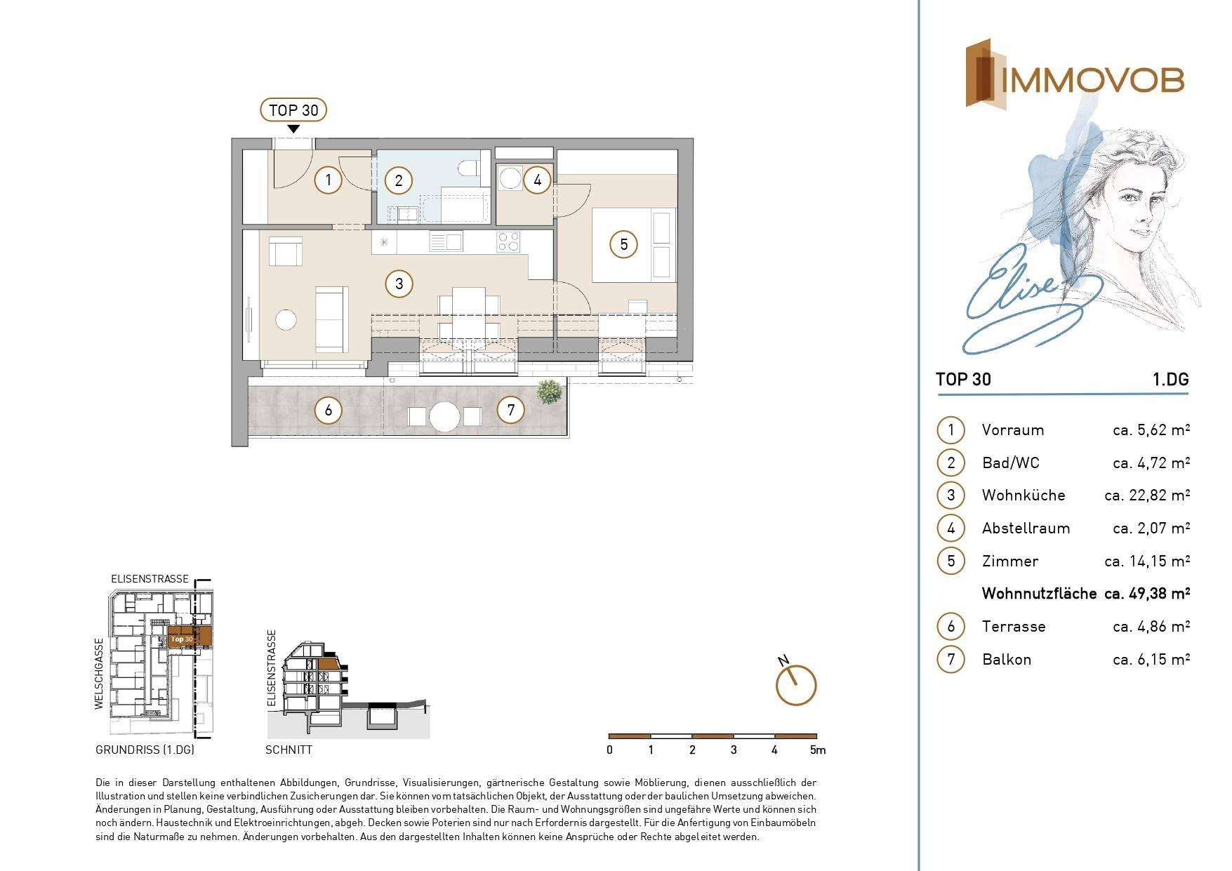 Detaillierter Grundriss einer Wohnung mit Terrasse und Balkon, inklusive Raumaufteilung und Flächenangaben.