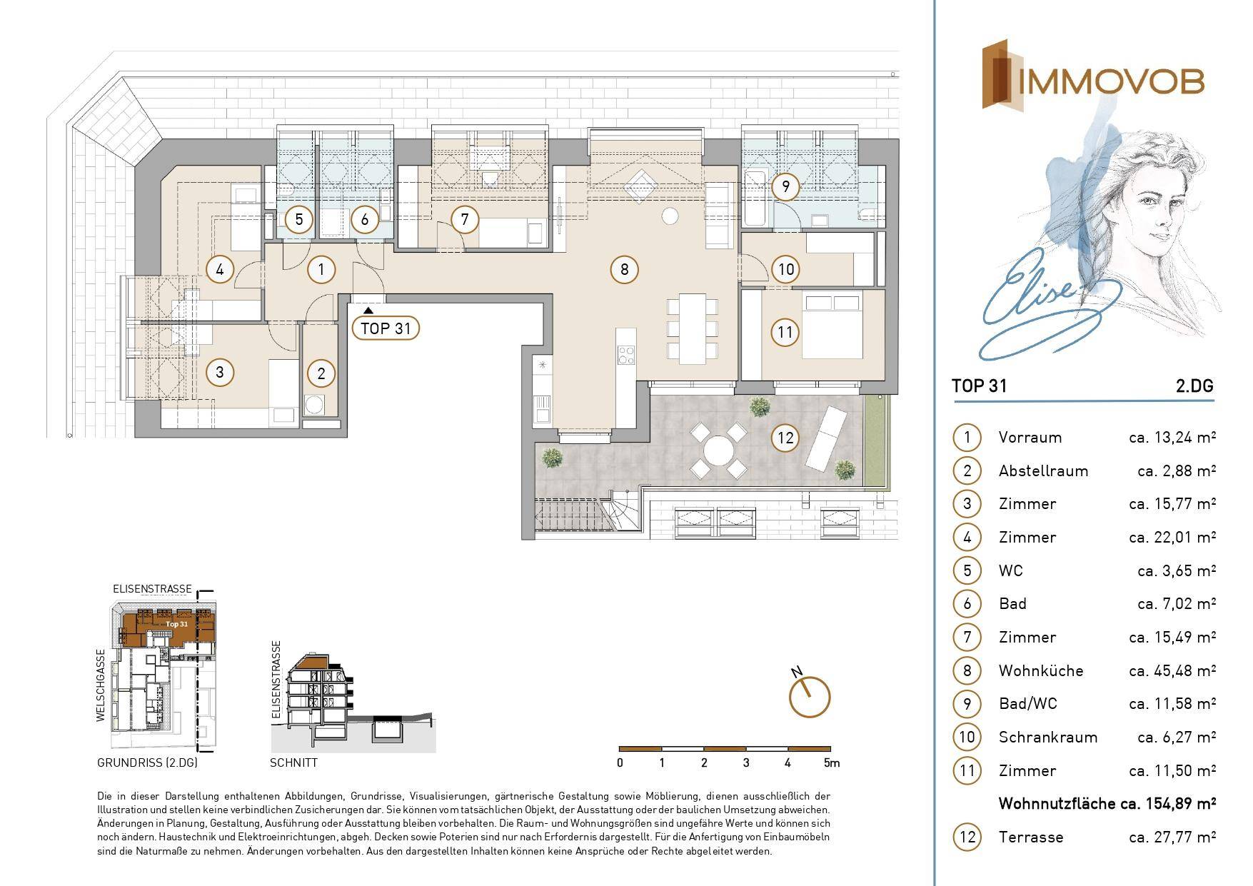 Detaillierter Grundriss der Wohnung TOP 31 im 2. Obergeschoss mit Wohnflächenangaben und Terrasse.