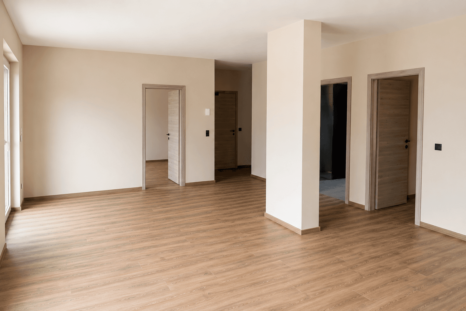 Heller, leerer Raum mit Laminatboden und mehreren Türen, bereit zum Einzug.