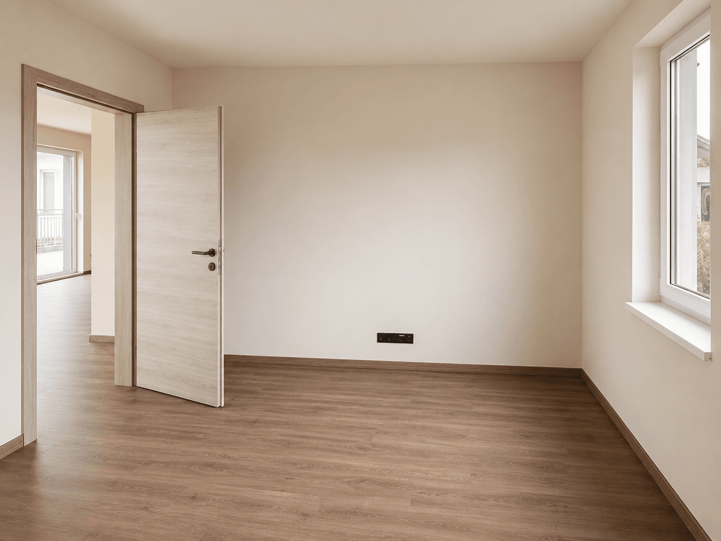 Heller Raum mit Laminatboden und einer Tür, die zu einem weiteren Zimmer führt.