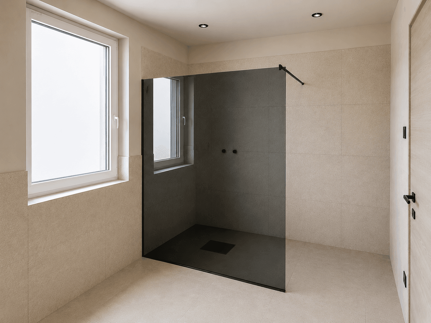 Modernes Badezimmer mit begehbarer Dusche, großen Fliesen und einem Fenster für Tageslicht.