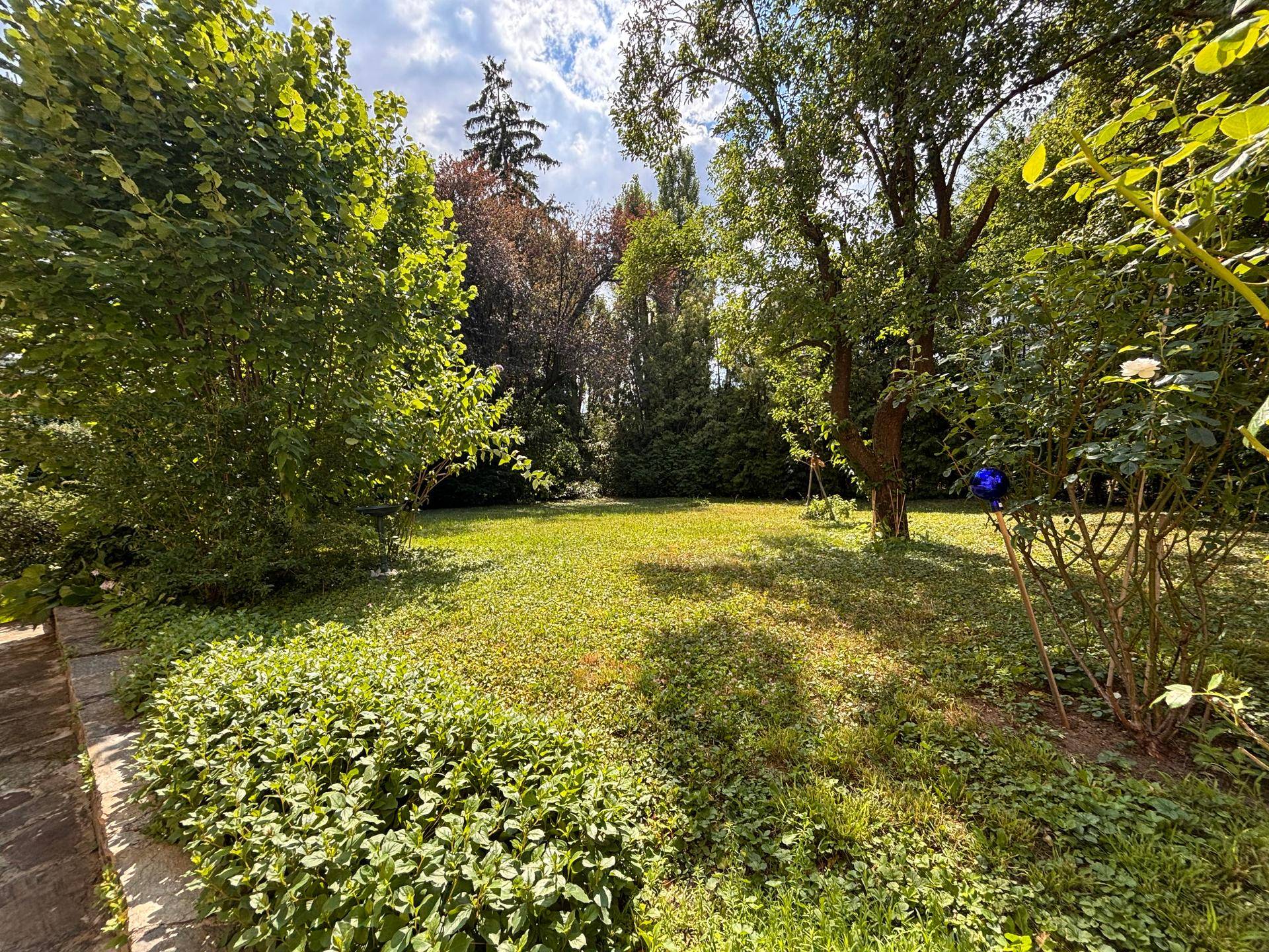 Weitläufiger, gepflegter Garten mit üppiger Vegetation und sonnigen Rasenflächen.