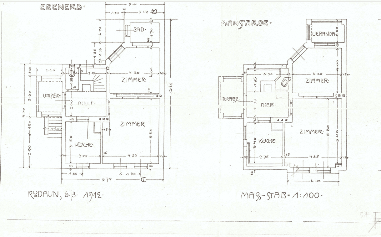 Historischer Grundriss von 1912 mit Zimmeraufteilung und Maßen für zwei Etagen.