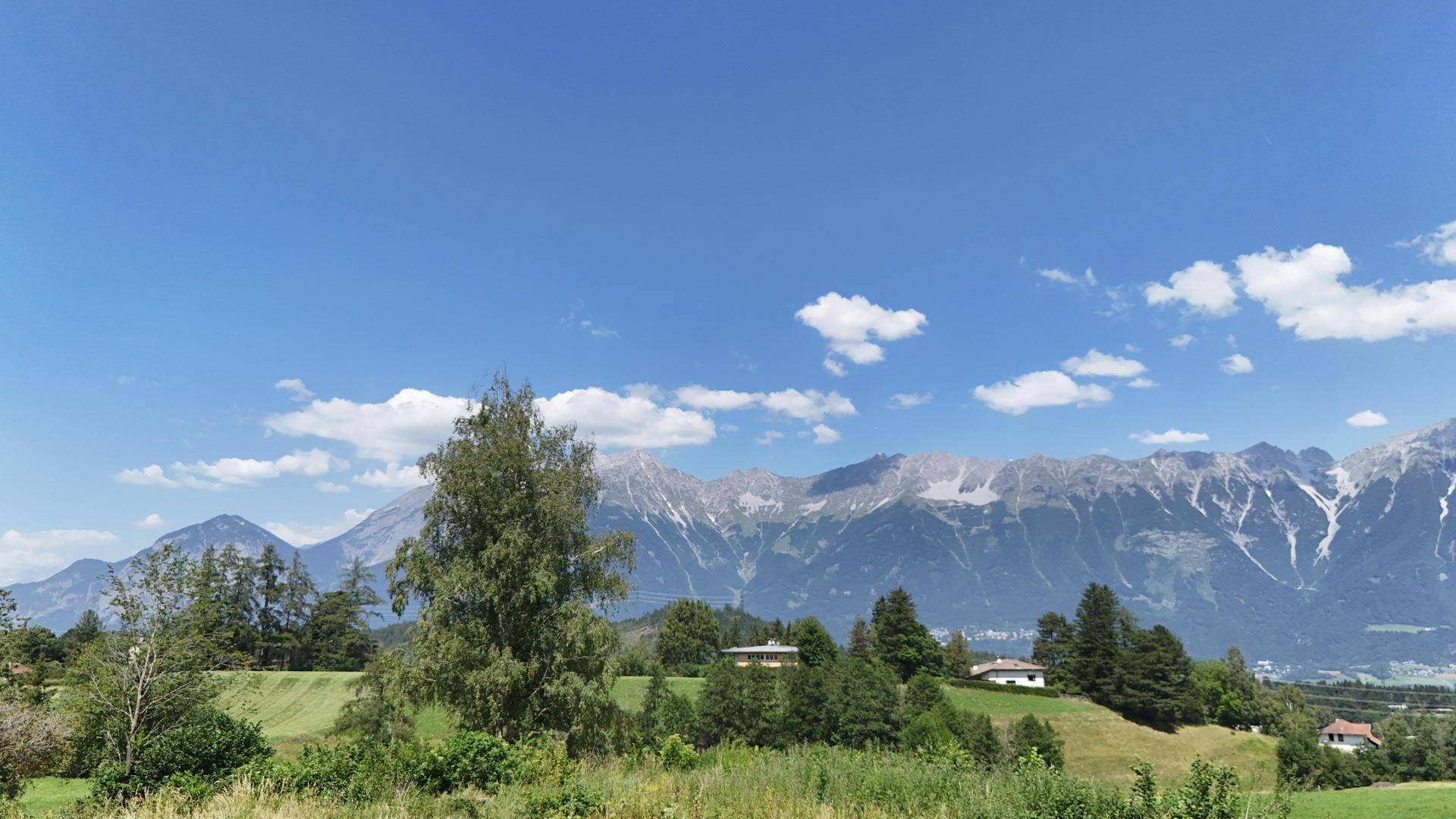 Weitläufiger Ausblick auf grüne Hügel und ferne Berge unter einem klaren, blauen Himmel.
