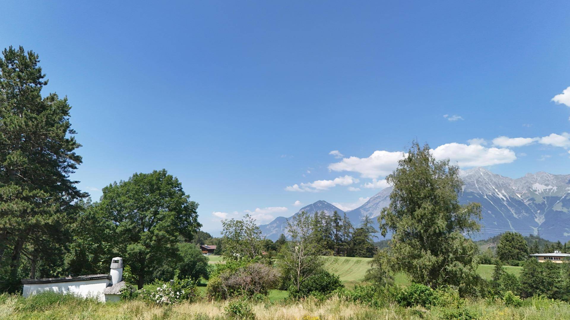 Malerische Landschaft mit üppigem Grün, Bäumen und einem weiten Blick auf die Bergwelt.