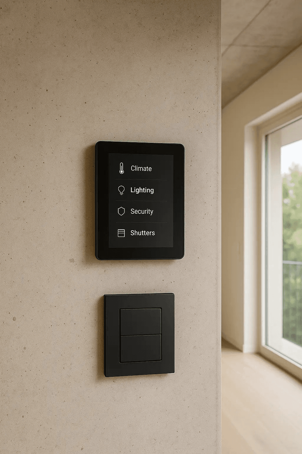 Smart-Home-Bedienfeld für Klima, Beleuchtung, Sicherheit und Rollläden.