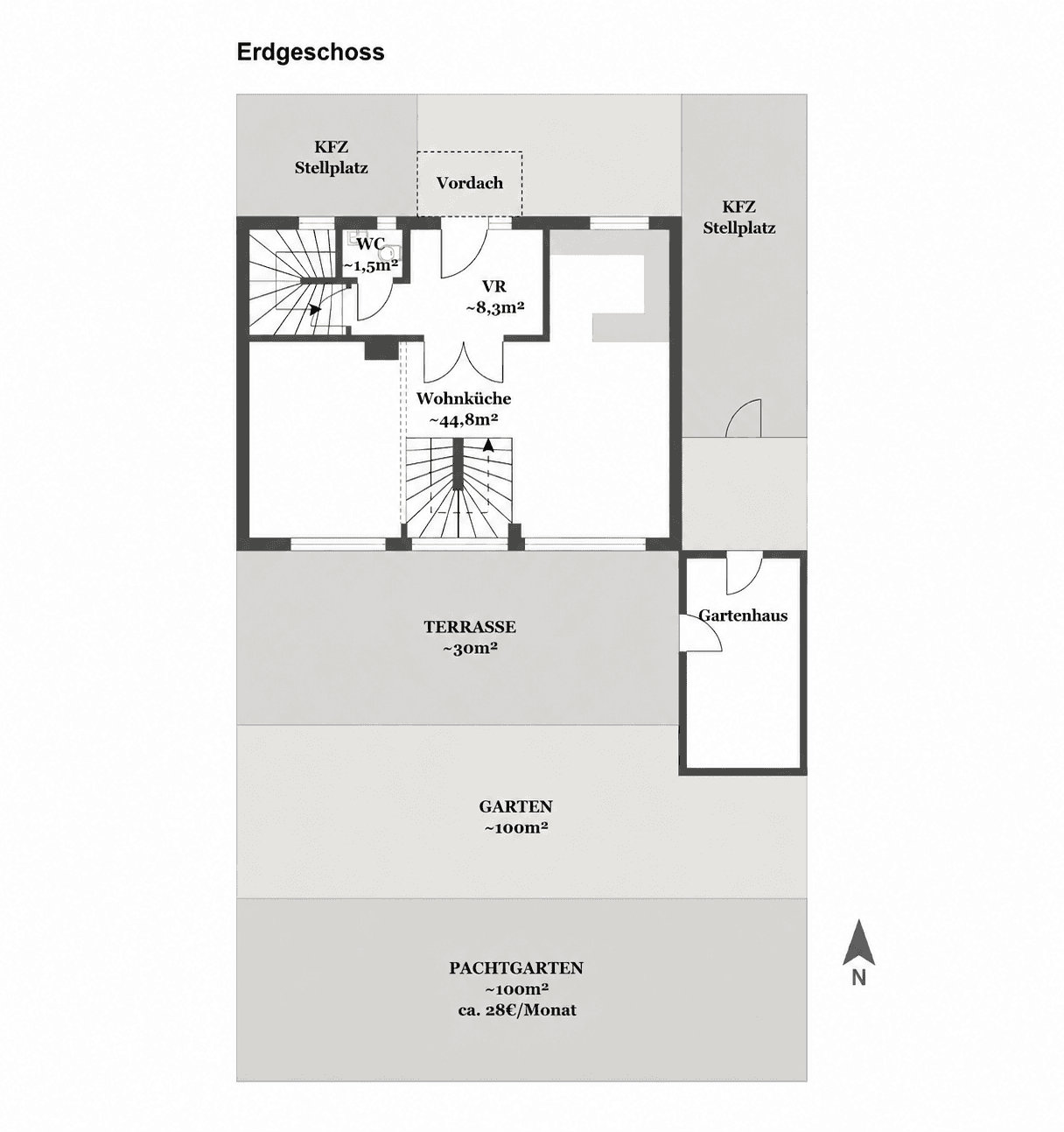 Grundriss des Erdgeschosses mit offener Wohnküche, großer Terrasse, Garten und Stellplätzen.