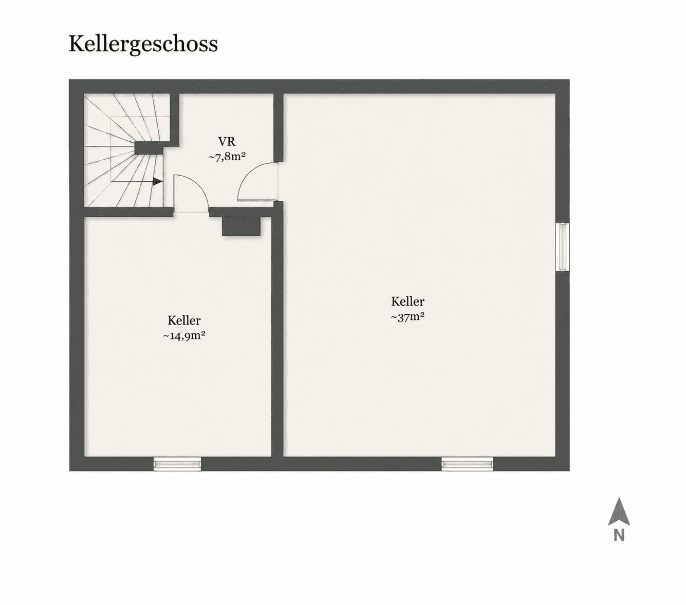 Grundriss des Kellergeschosses mit zwei geräumigen Kellerräumen, ideal als Lagerfläche nutzbar.