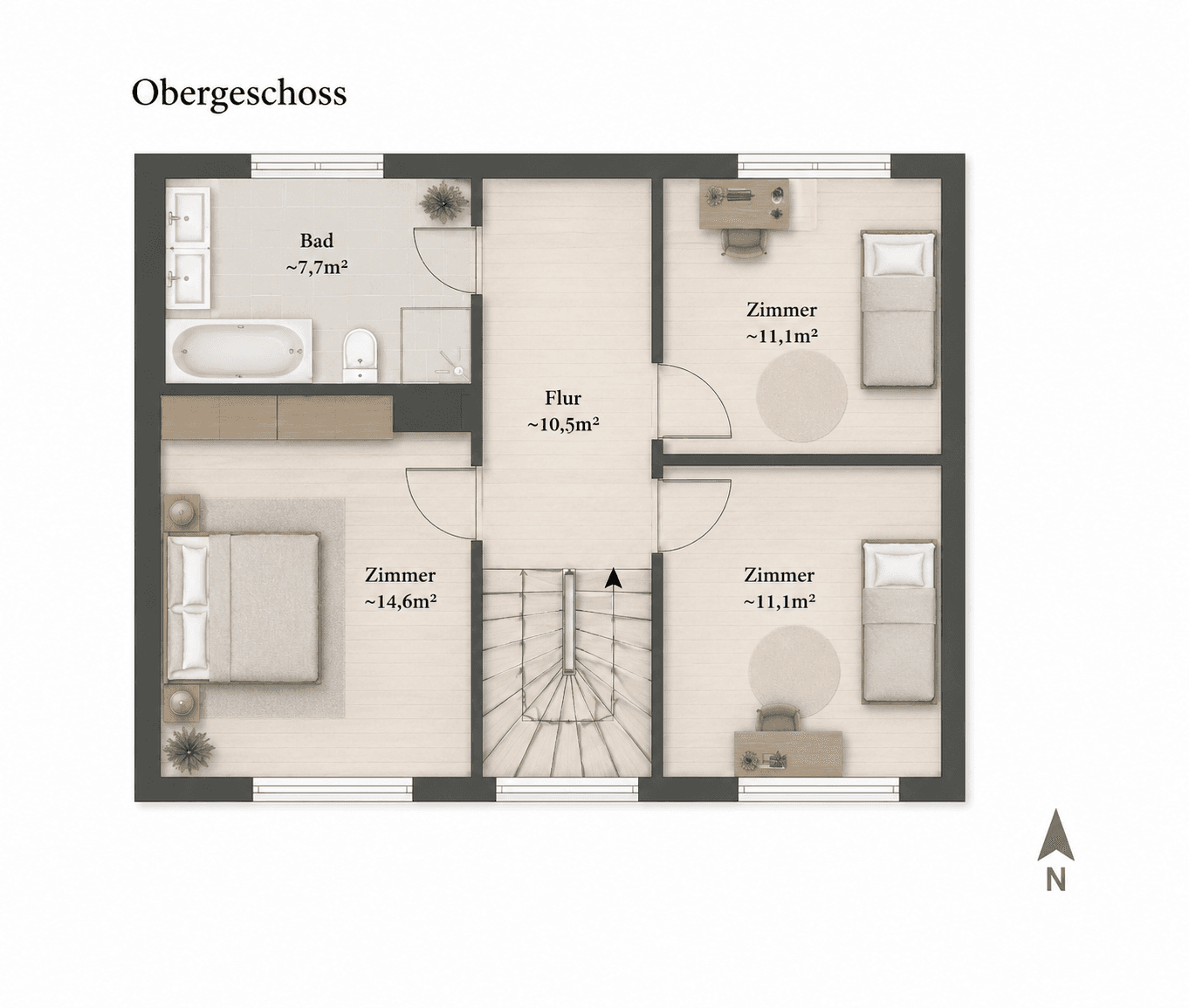 Grundriss des Obergeschosses mit drei Schlafzimmern und einem Badezimmer mit Badewanne und Einzelwaschbecken.