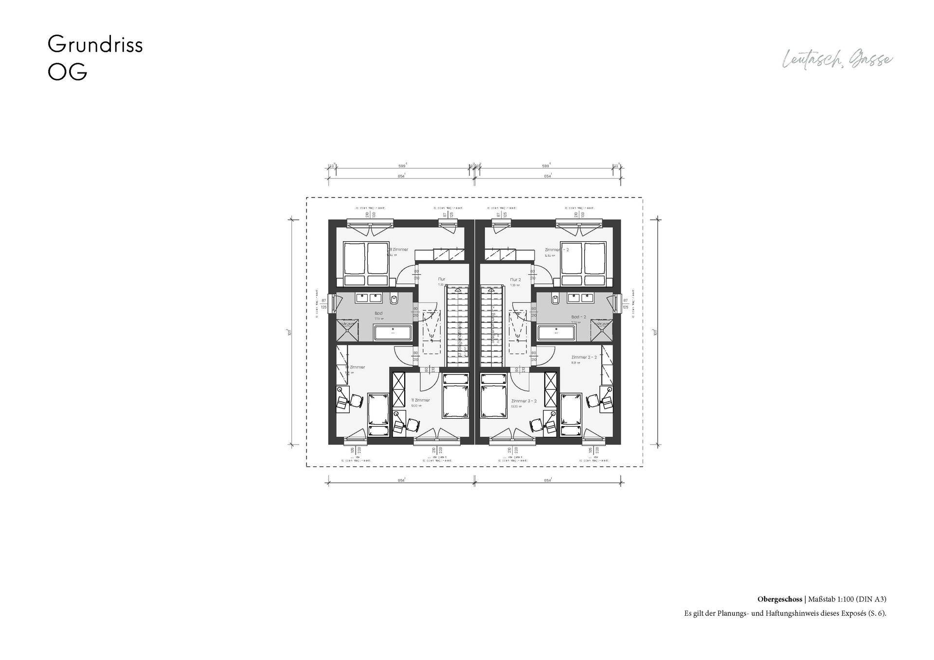 Grundriss des Obergeschosses mit zwei Wohneinheiten, mehreren Schlafzimmern und Balkonen.