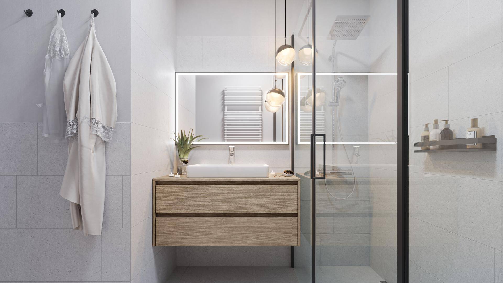Modernes Badezimmer mit begehbarer Dusche, Einzelwaschbecken und beheiztem Handtuchhalter.