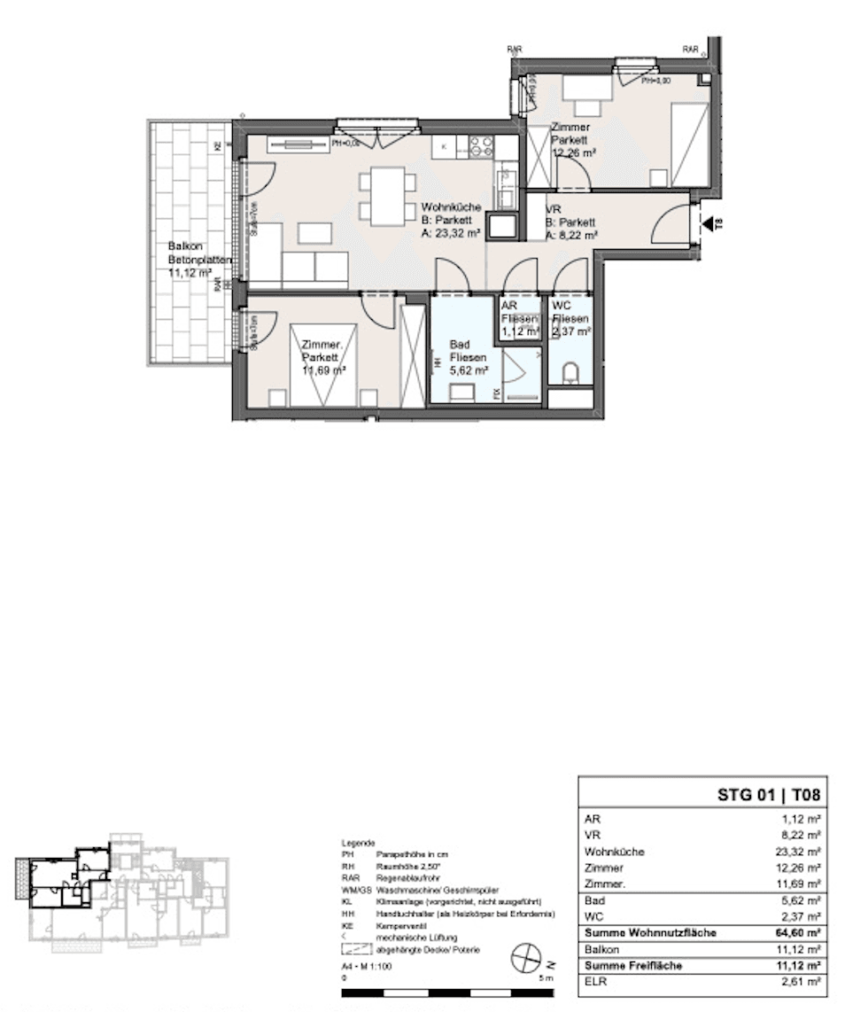Grundriss einer Wohnung mit offenem Wohnbereich, Balkon und zwei Bädern.