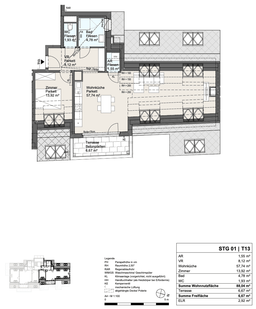 Grundriss einer Wohnung mit offenem Wohn-Kochbereich, Schlafzimmer, Bad und Terrasse.