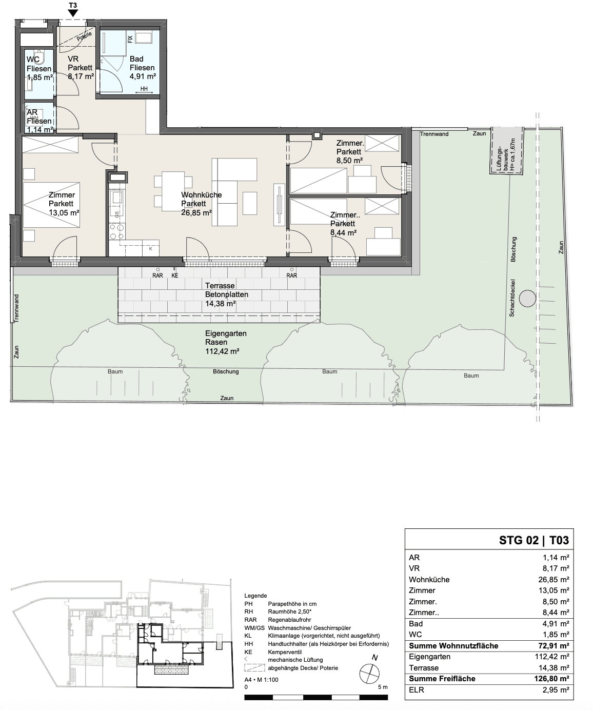 Grundriss einer Wohnung mit drei Zimmern, Wohnküche und Zugang zu Terrasse und Garten.