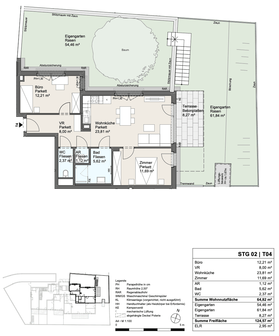 Grundriss einer Wohnung mit Wohnküche, zwei Zimmern, Bad, WC, Terrasse und Garten.