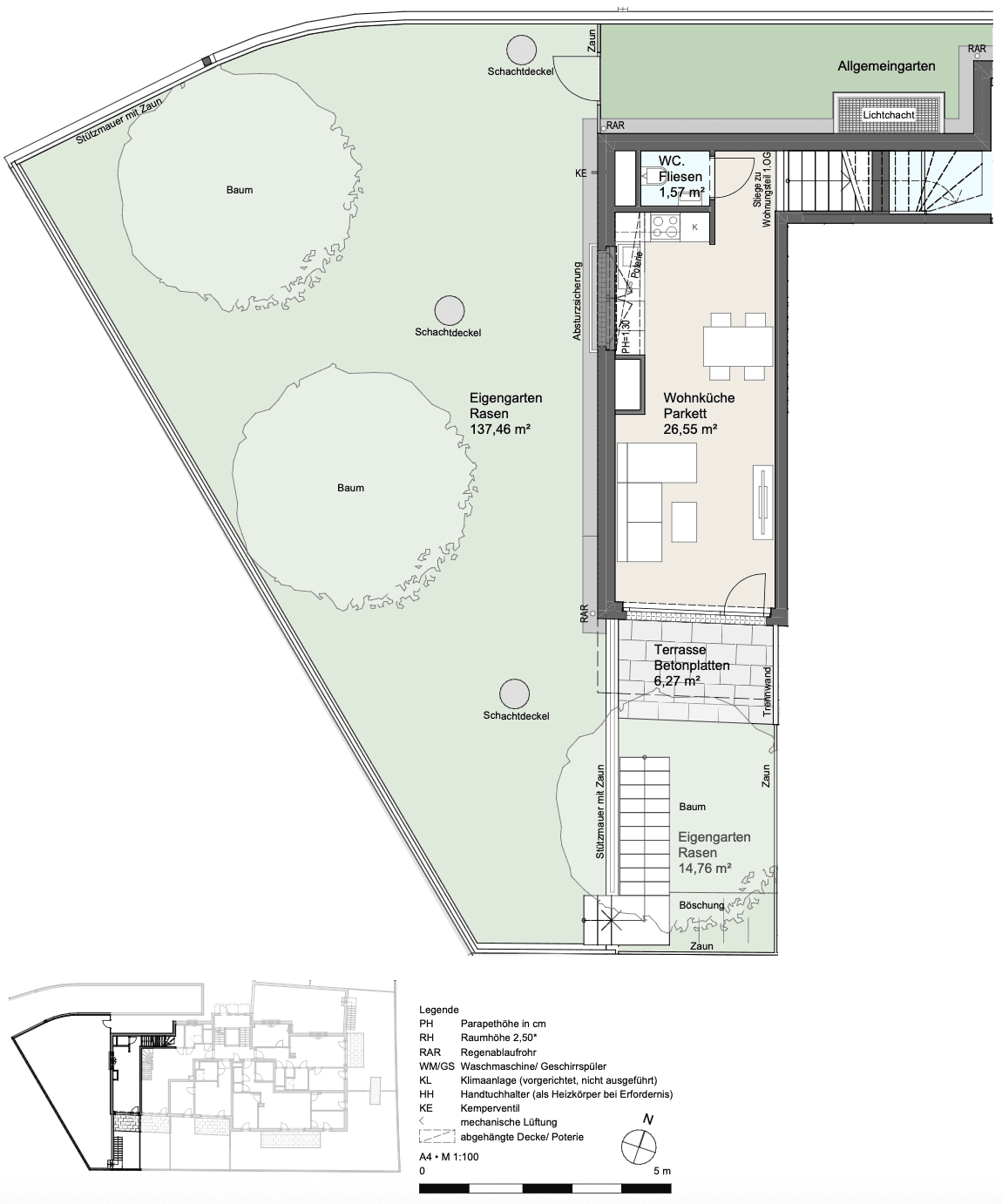 Grundriss einer Erdgeschosswohnung mit Terrasse, Garten und offener Wohnküche.
