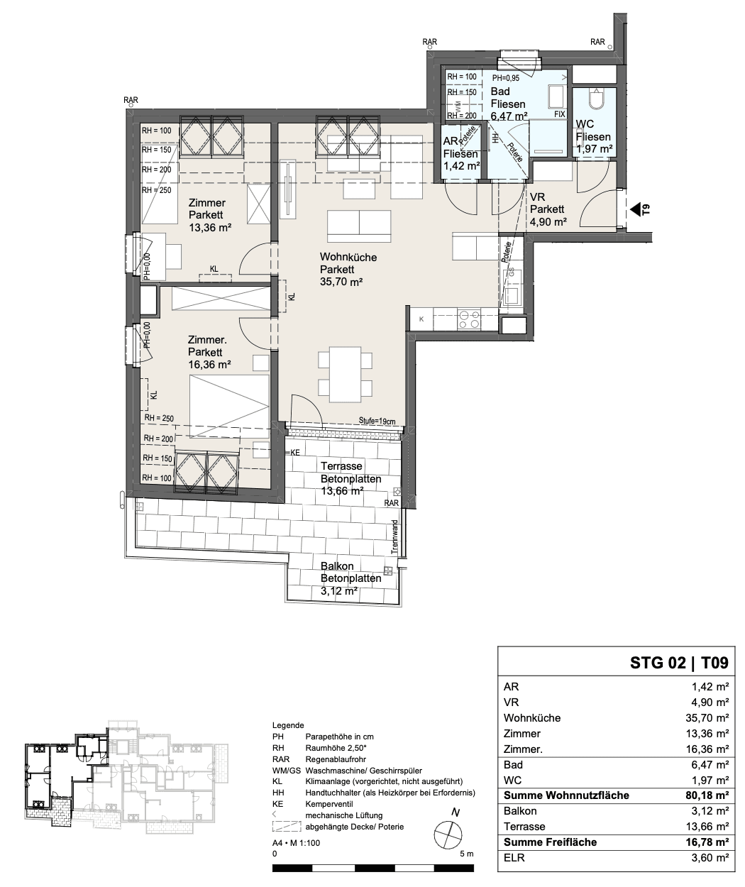 Grundriss einer Wohnung mit Wohnküche, zwei Zimmern, Bad, WC und zwei Balkonen.