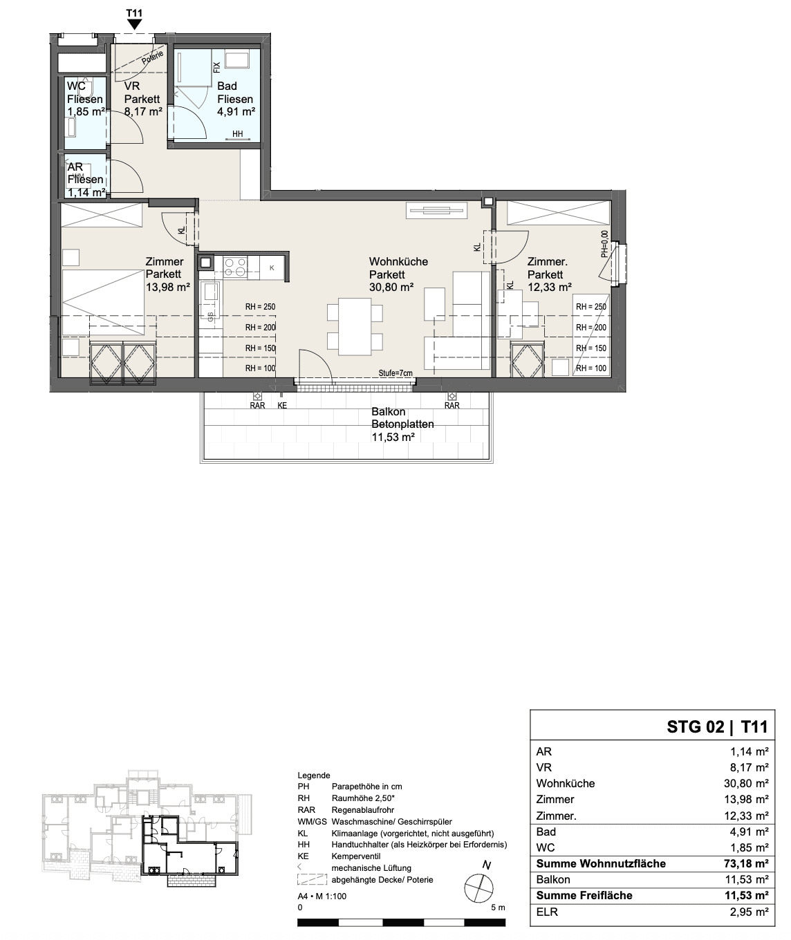Grundriss einer Wohnung mit drei Zimmern, offener Wohnküche, Bad, separatem WC und großem Balkon.