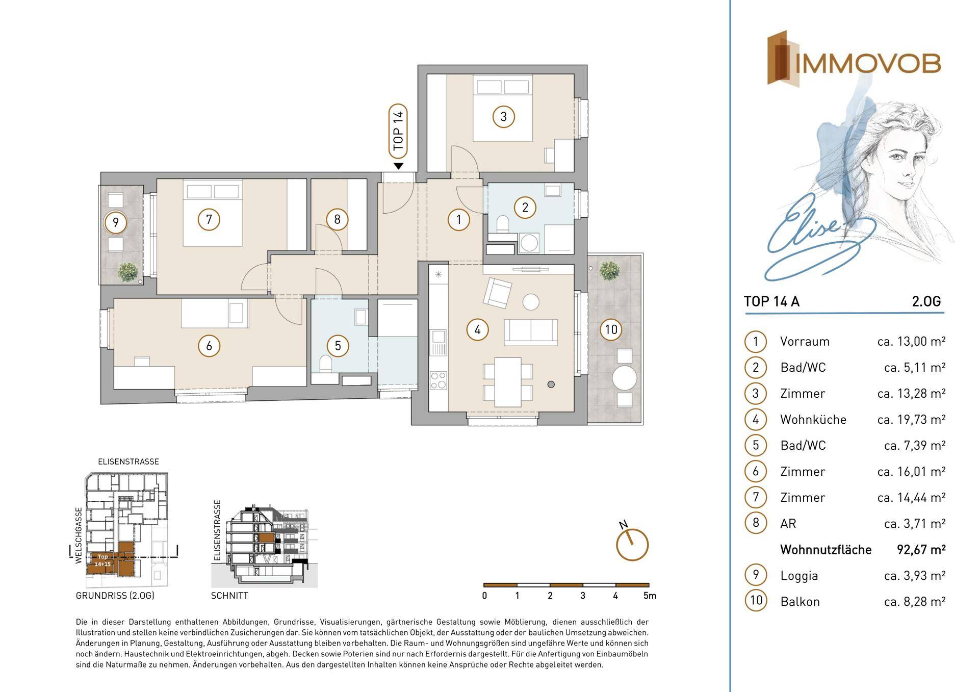 Detaillierter Grundriss der Wohnung TOP 14 A mit mehreren Zimmern, Loggia, Balkon und zwei Bädern.