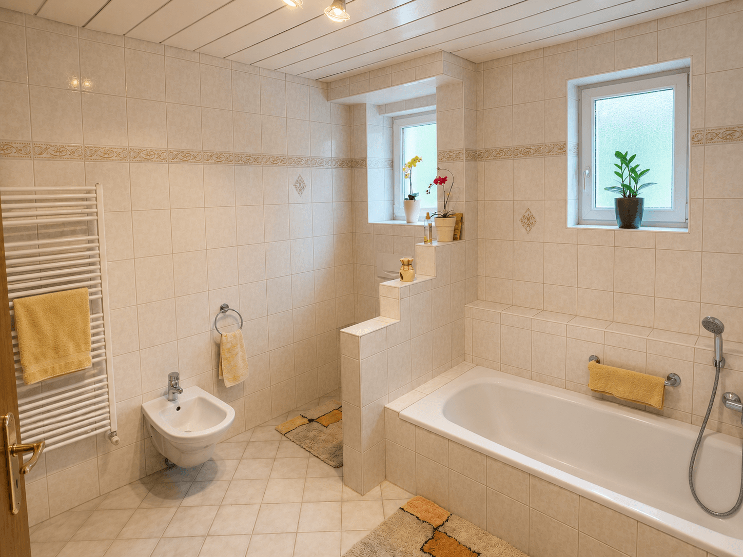 Gefliestes Badezimmer mit Badewanne, Bidet und zwei Fenstern.