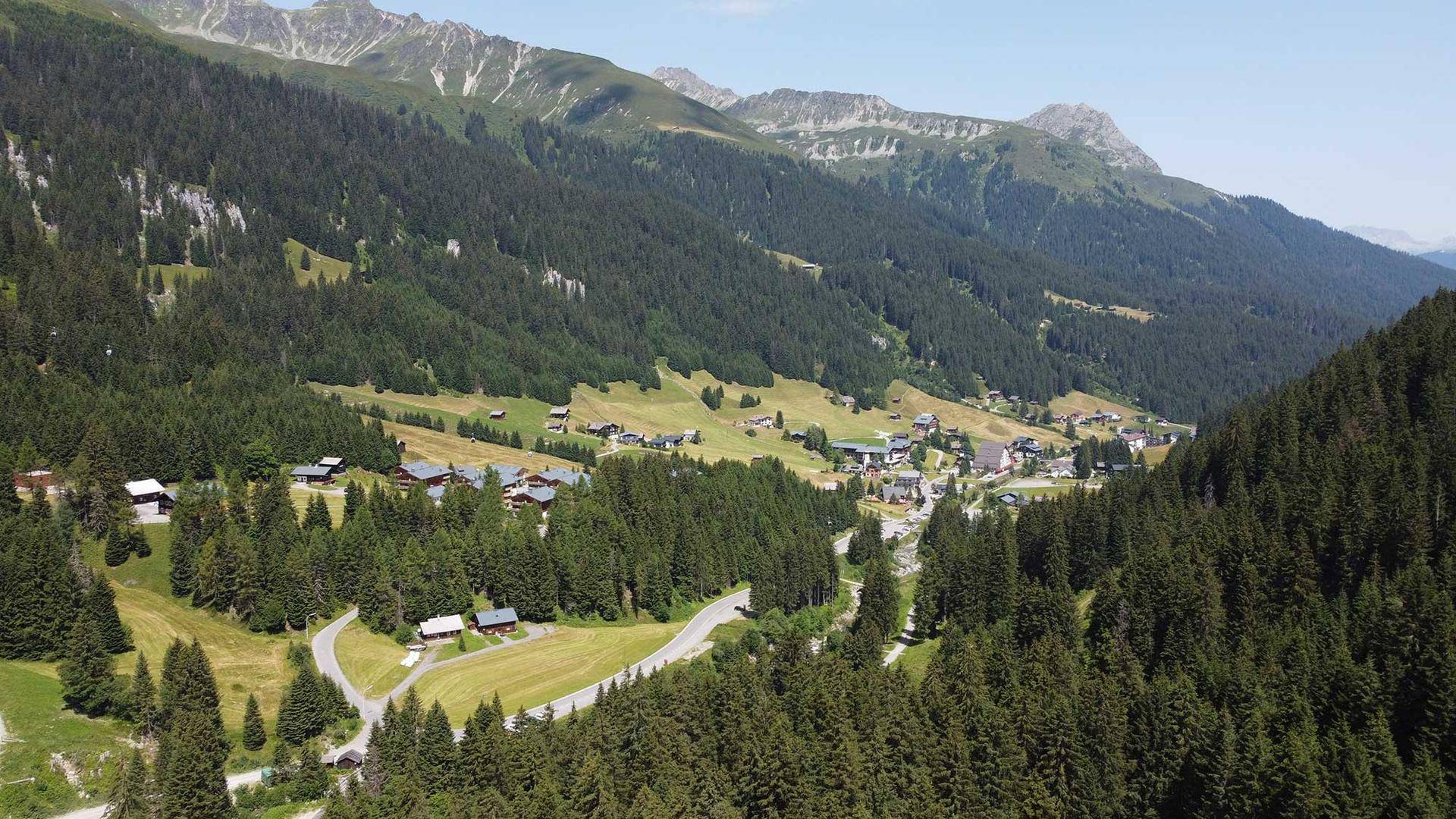Panoramablick auf die Alpen mit grünen Wäldern und einem malerischen Dorf im Tal.