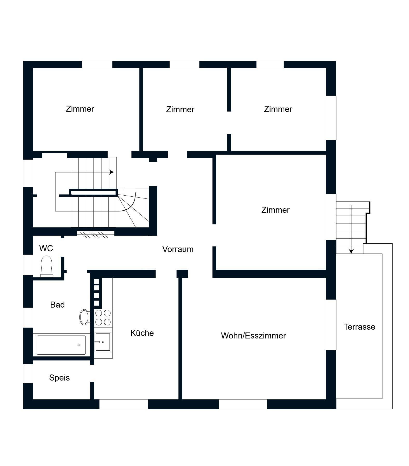 Grundriss des Erdgeschosses mit Wohn-/Esszimmer, Küche, Bad, WC und Zugang zur Terrasse.