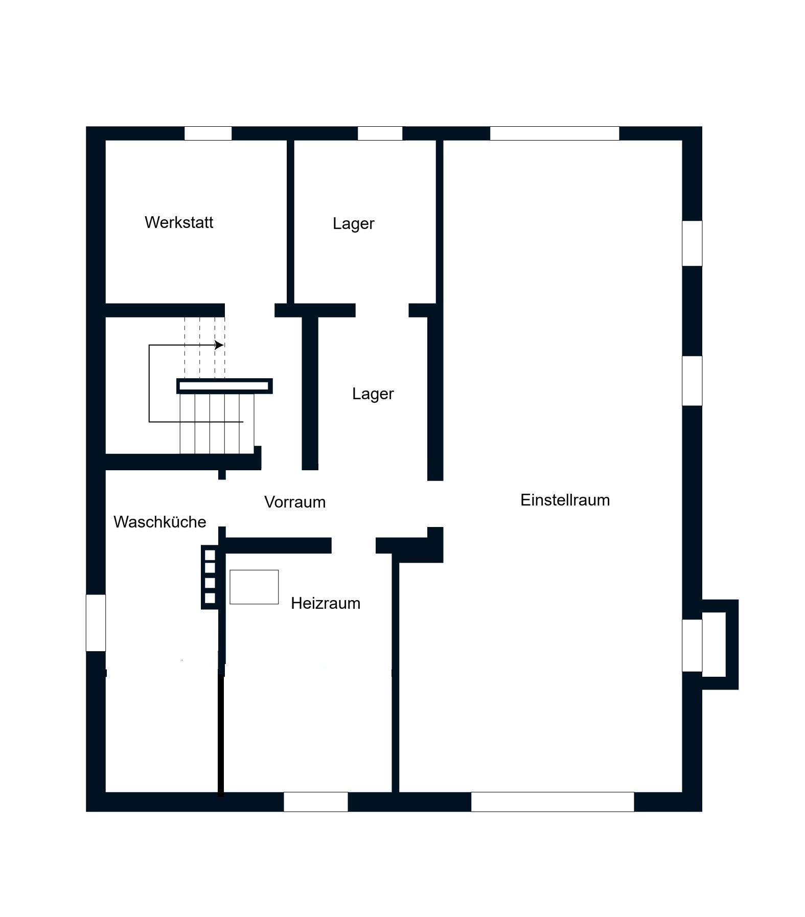 Grundriss des Untergeschosses mit Waschküche, Heizraum, Werkstatt, Lagerräumen und Einstellraum.