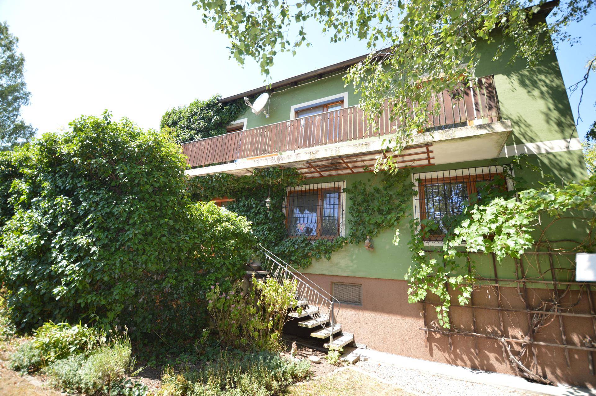 Seitenansicht des Hauses mit Balkon, Außentreppe und stark bewachsenen Fassadenbereichen.