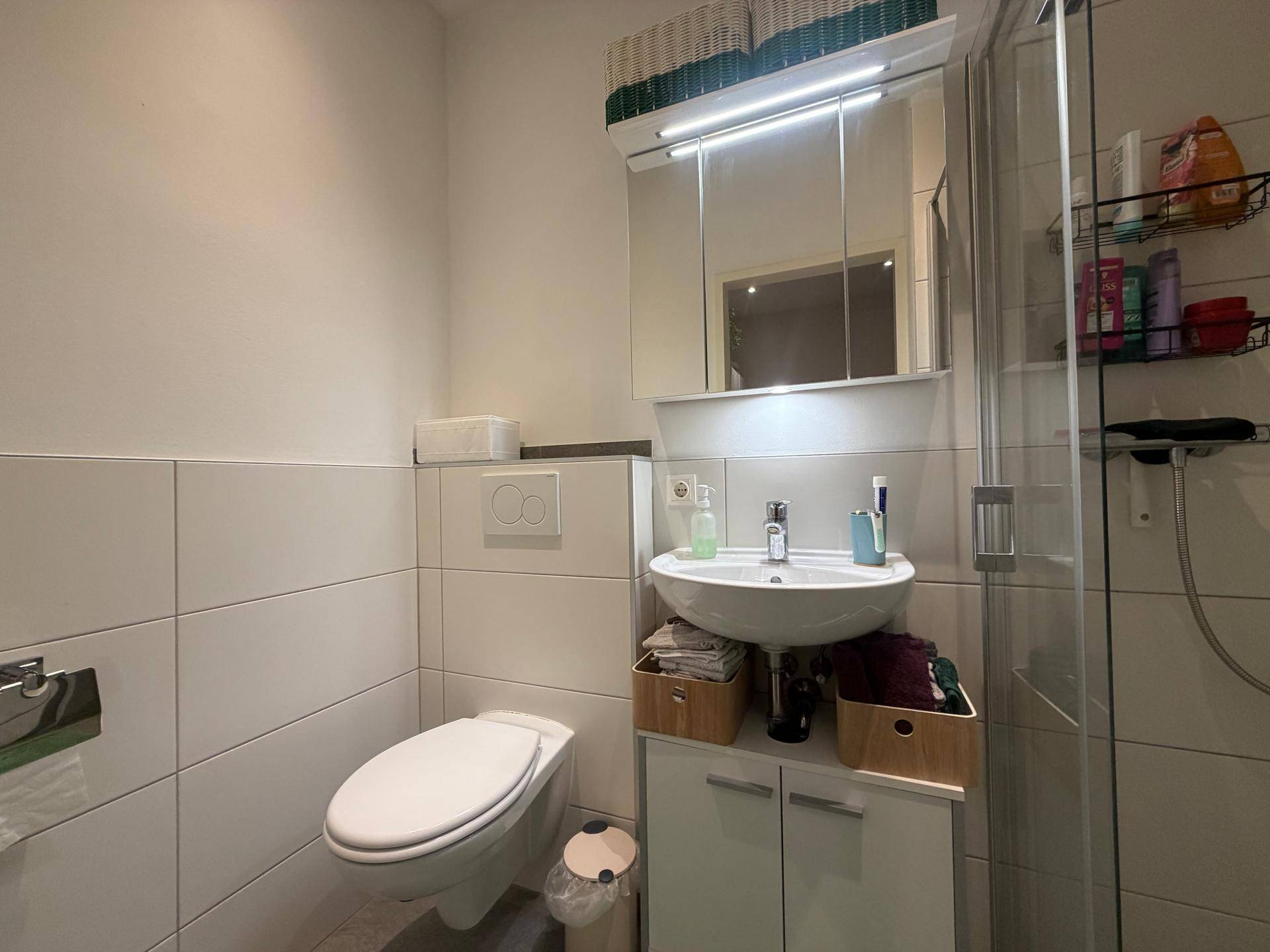 Modernes Badezimmer mit Dusche, WC, Waschbecken und Spiegelschrank, hell gefliest.