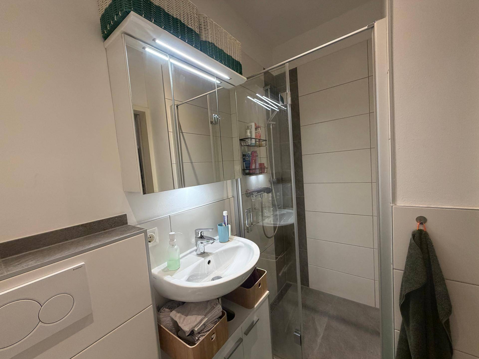 Helles Badezimmer mit ebenerdiger Dusche, modernem Waschbecken und praktischem Spiegelschrank.