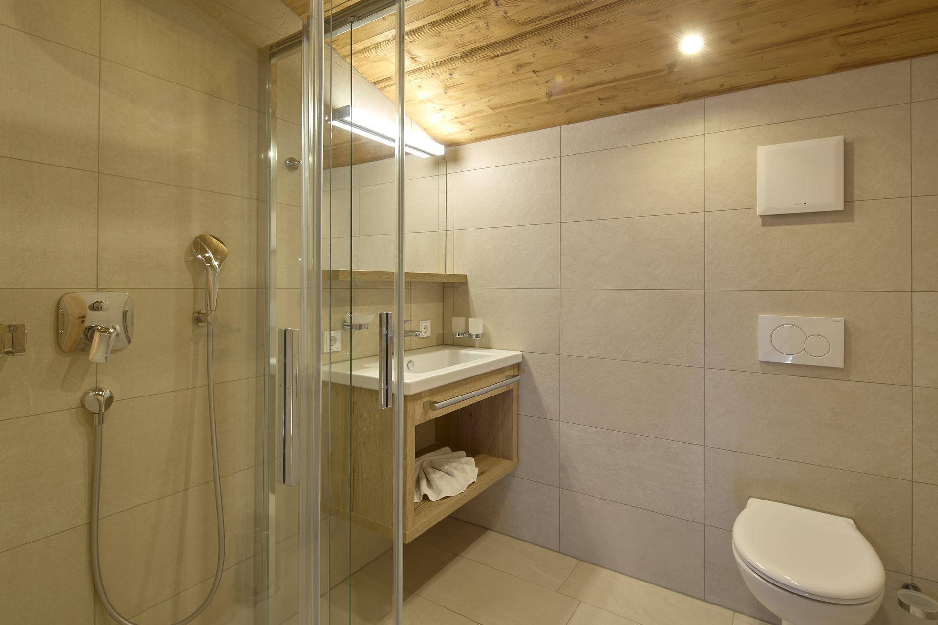 Modernes Badezimmer mit Duschkabine, Waschbecken und WC, unter einer Holzdecke.