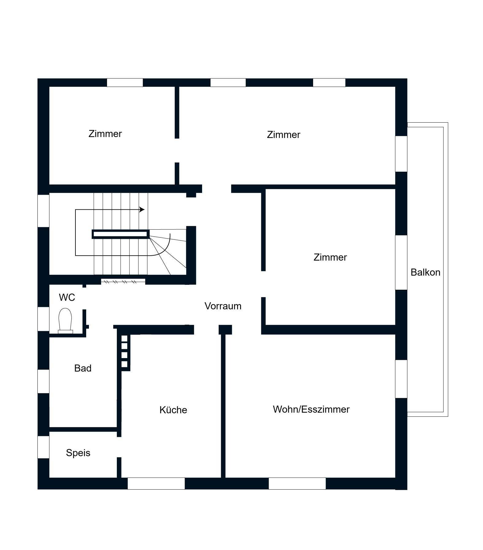 Grundriss des Obergeschosses mit mehreren Zimmern, Bad, WC, Küche und einem Balkon.