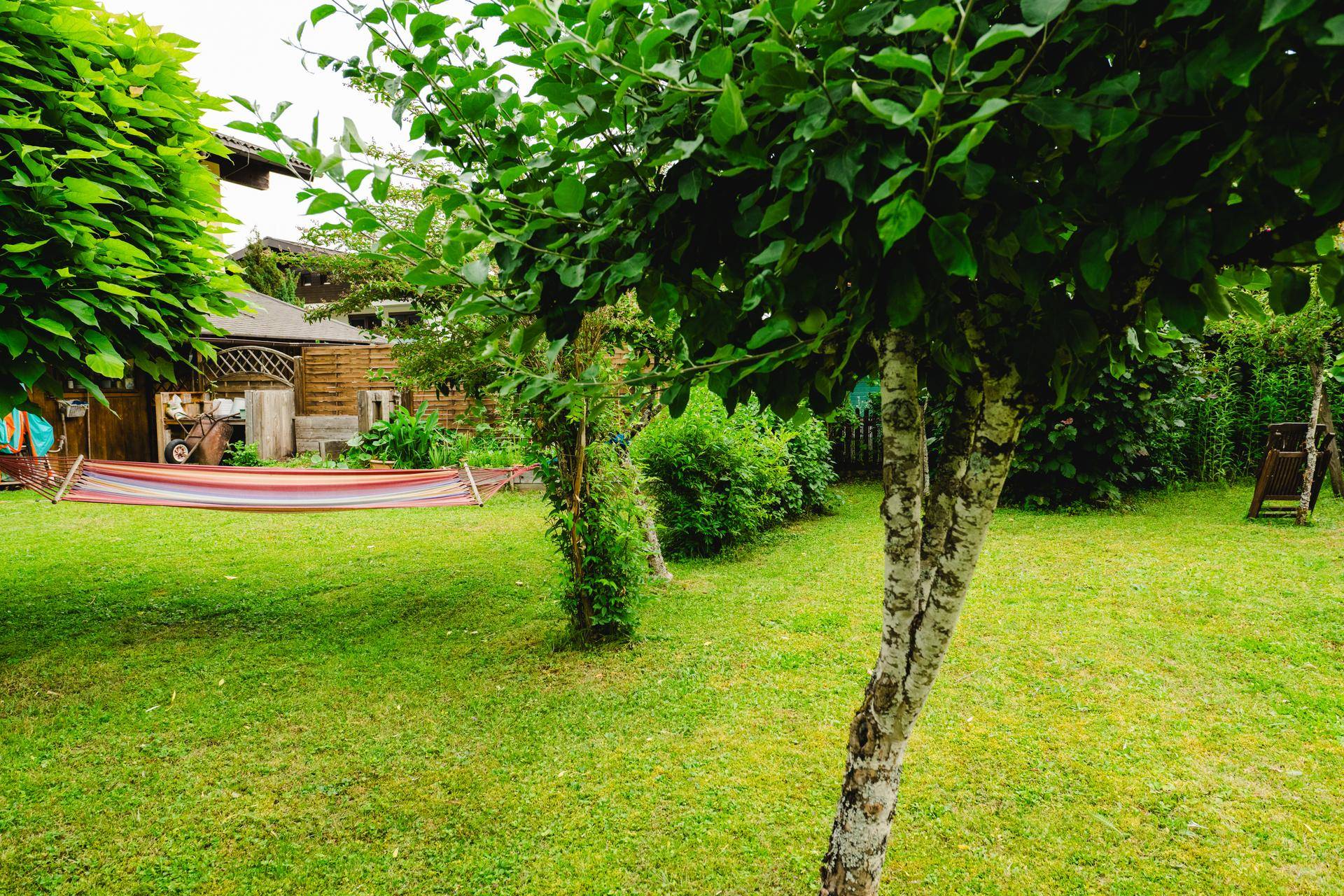 Idyllischer Gartenbereich mit Hängematte zwischen Bäumen und gepflegter Rasenfläche.