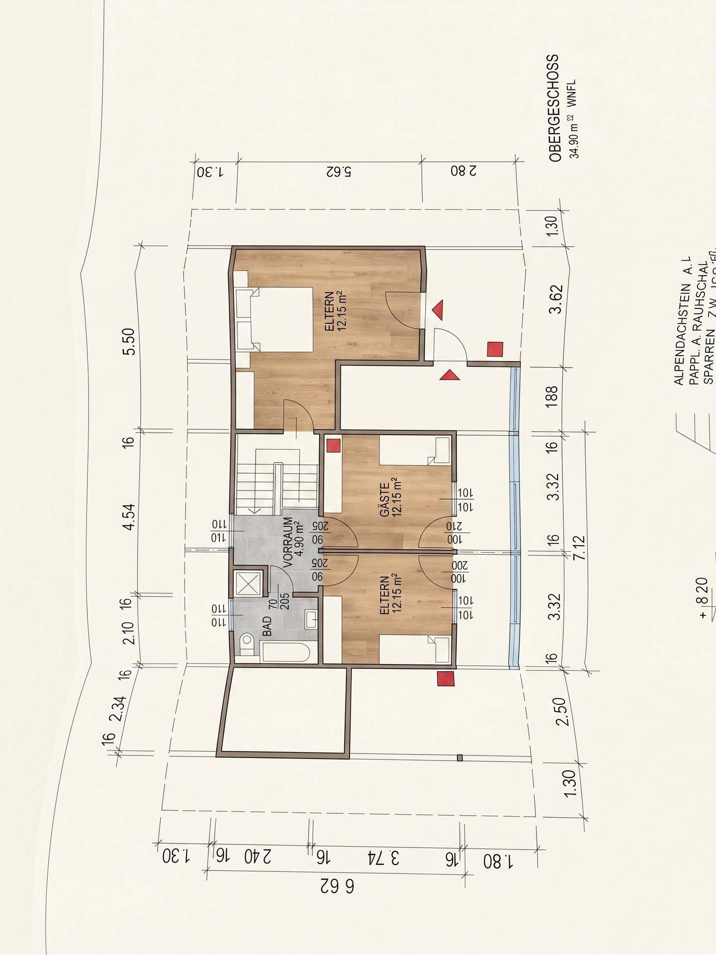Grundriss des Obergeschosses mit Schlafzimmern, Gästezimmer und Badezimmer.
