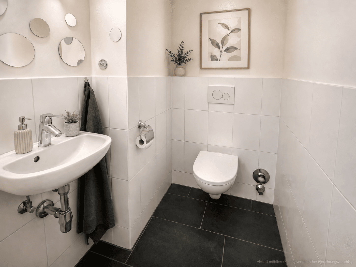 Modernes Gäste-WC mit wandhängendem WC, kleinem Waschbecken und weißen Fliesen.