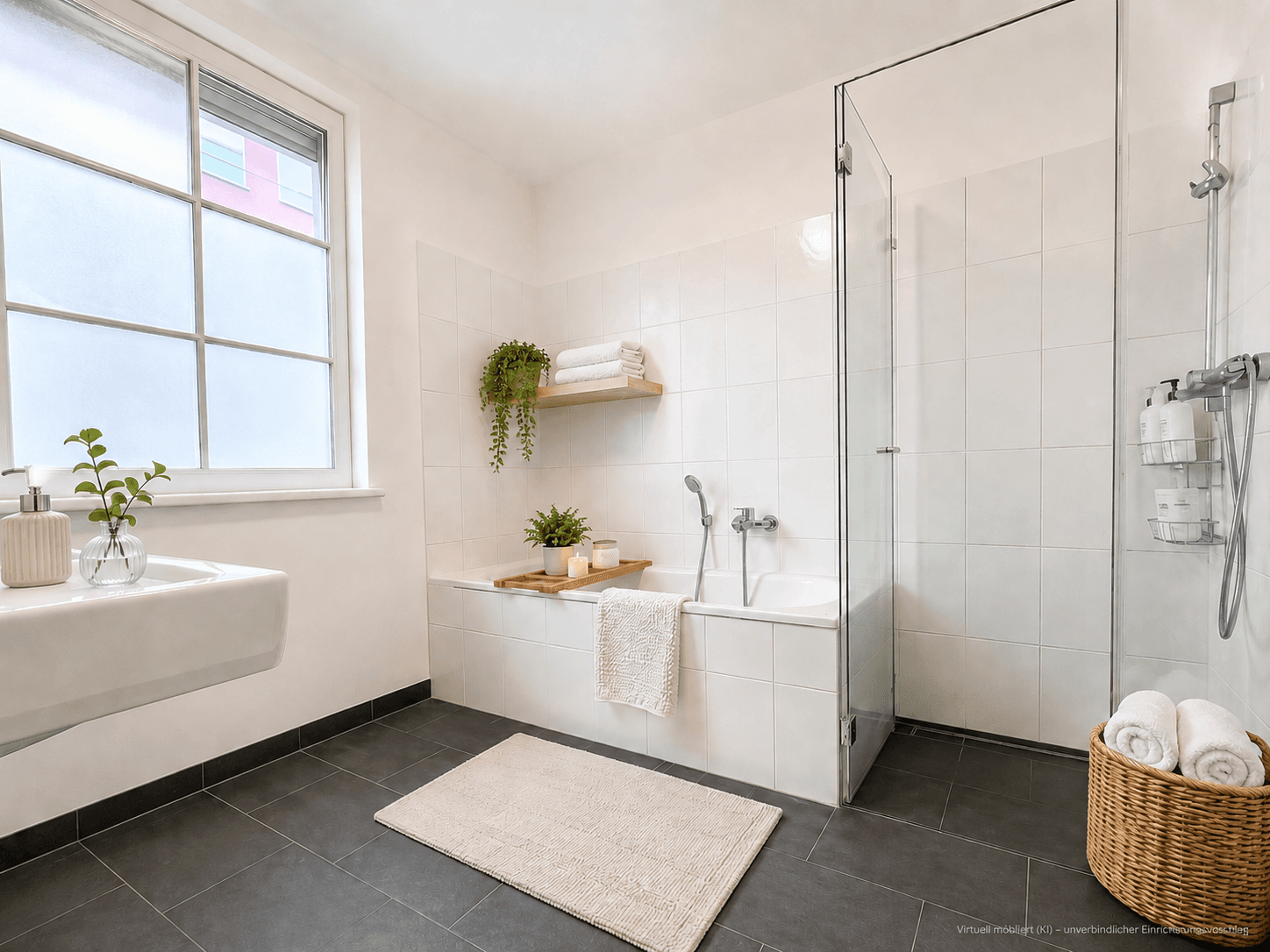 Helles Badezimmer mit Badewanne, separater Dusche, Waschbecken und Fenster.