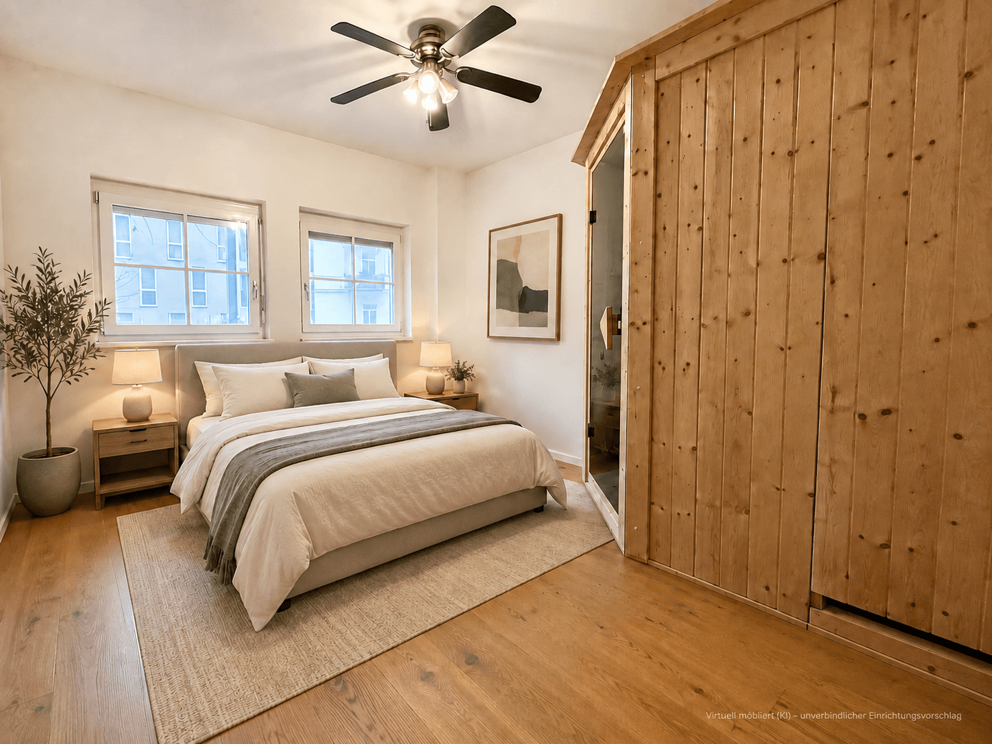 Gemütliches Schlafzimmer mit Doppelbett, zwei Fenstern und integrierter Sauna.
