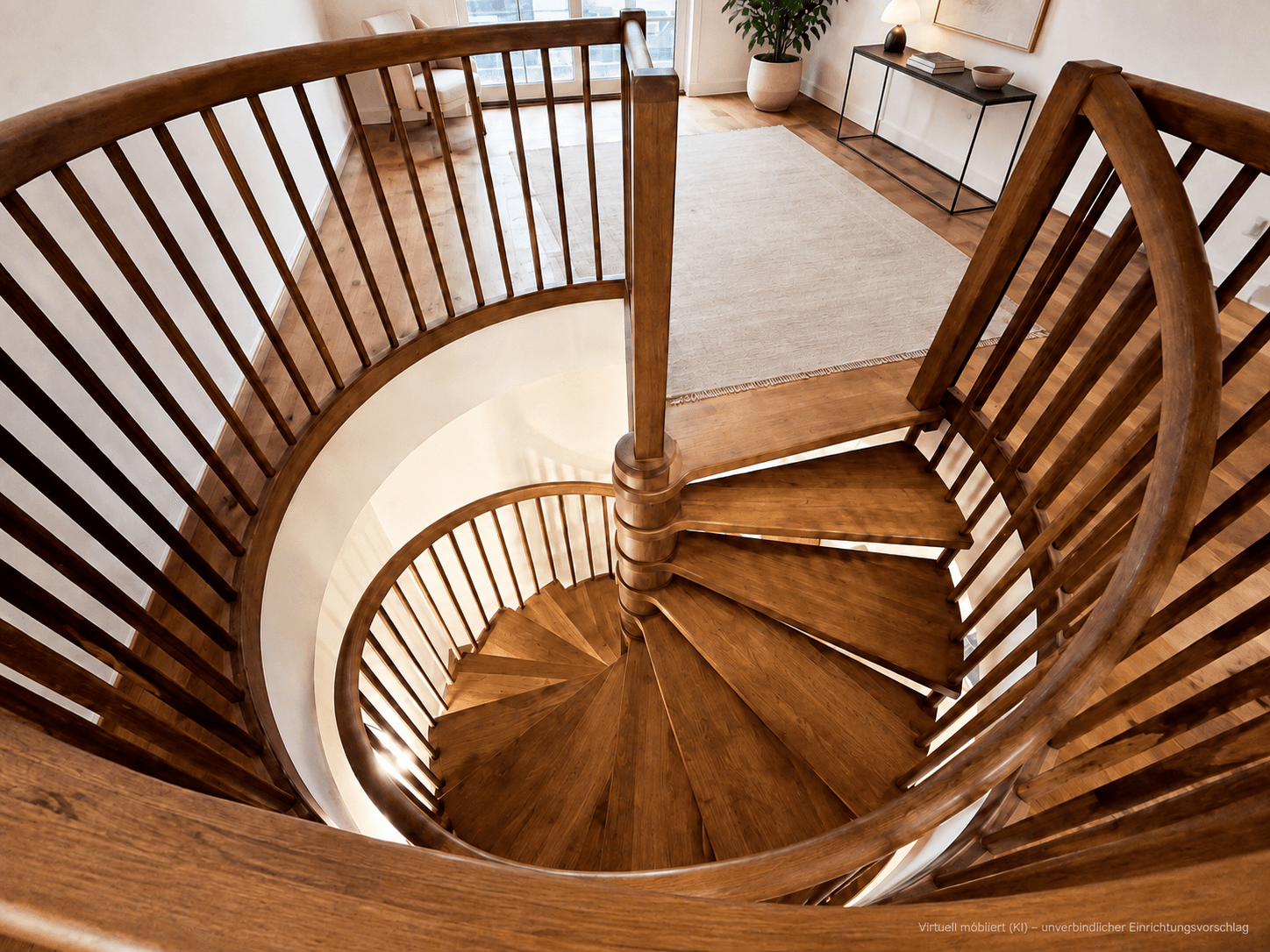 Elegante Holzwendeltreppe verbindet die Etagen und bietet einen stilvollen Übergang.