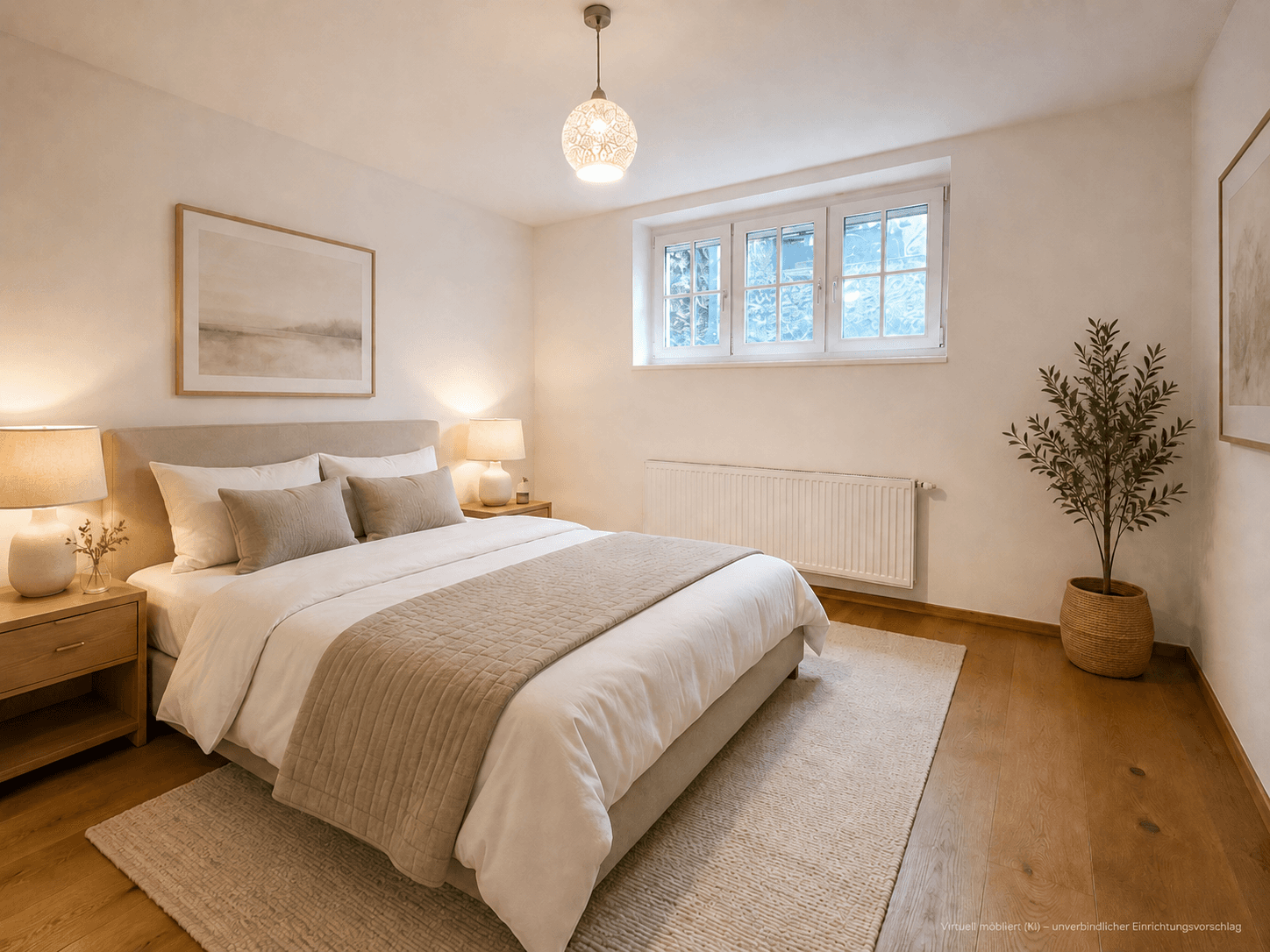 Helles Schlafzimmer mit großem Doppelbett, drei Fenstern und Heizkörper.