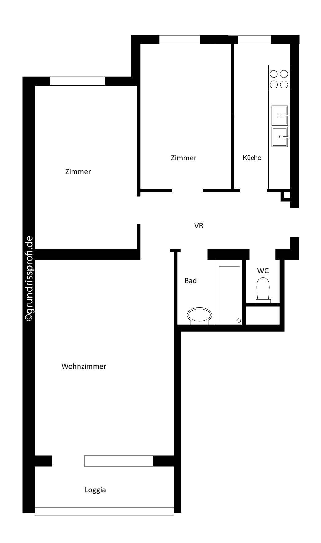 Grundriss einer Wohnung mit Wohnzimmer, zwei weiteren Zimmern, separater Küche, Bad, WC und Loggia.