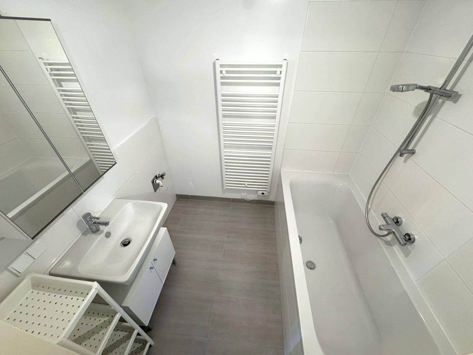 Modernes Badezimmer mit Badewanne, Waschbecken, Spiegelschrank und beheiztem Handtuchhalter.
