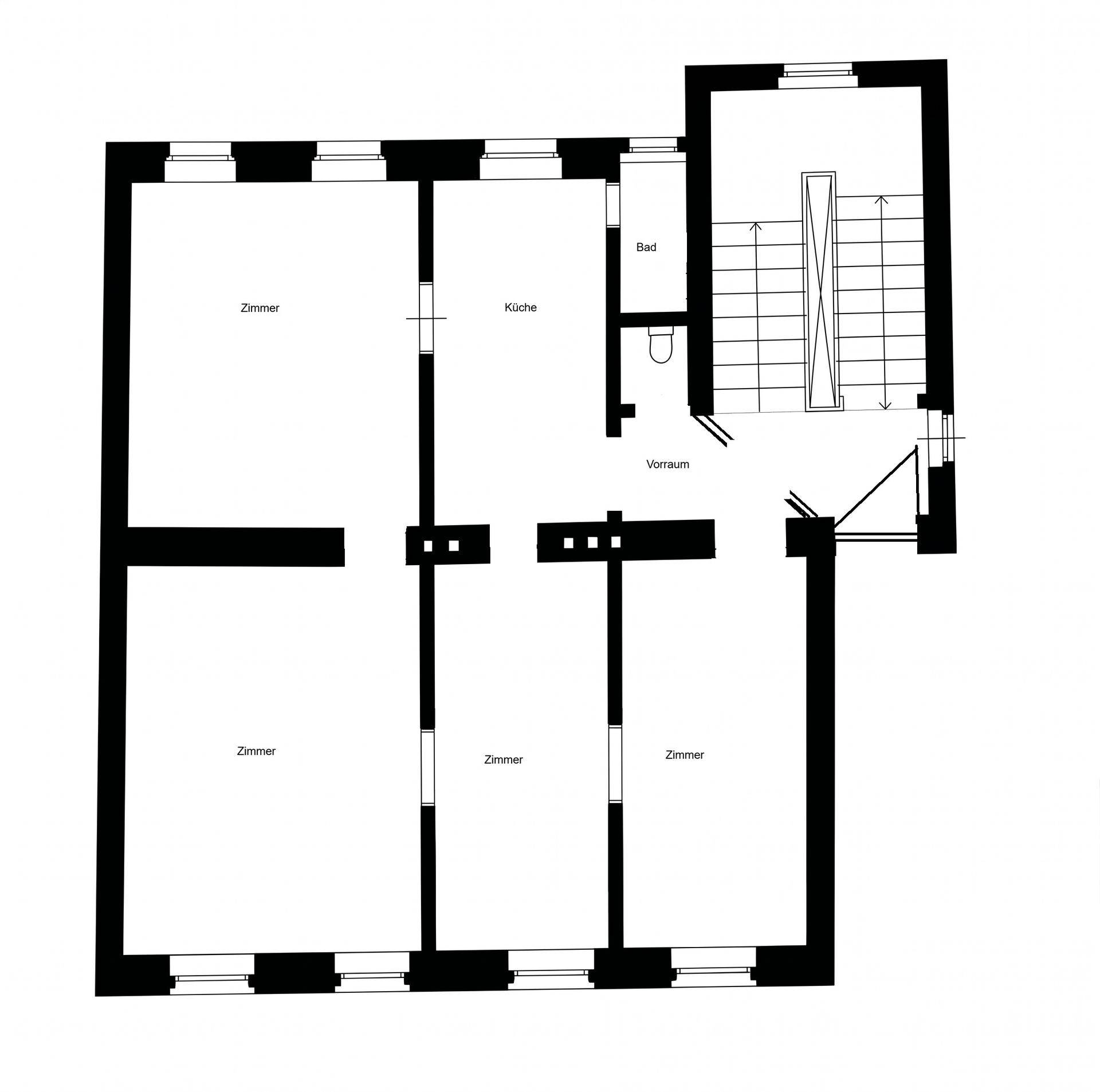 Grundriss einer Etage mit mehreren Zimmern, Küche, Bad und Treppenhaus.