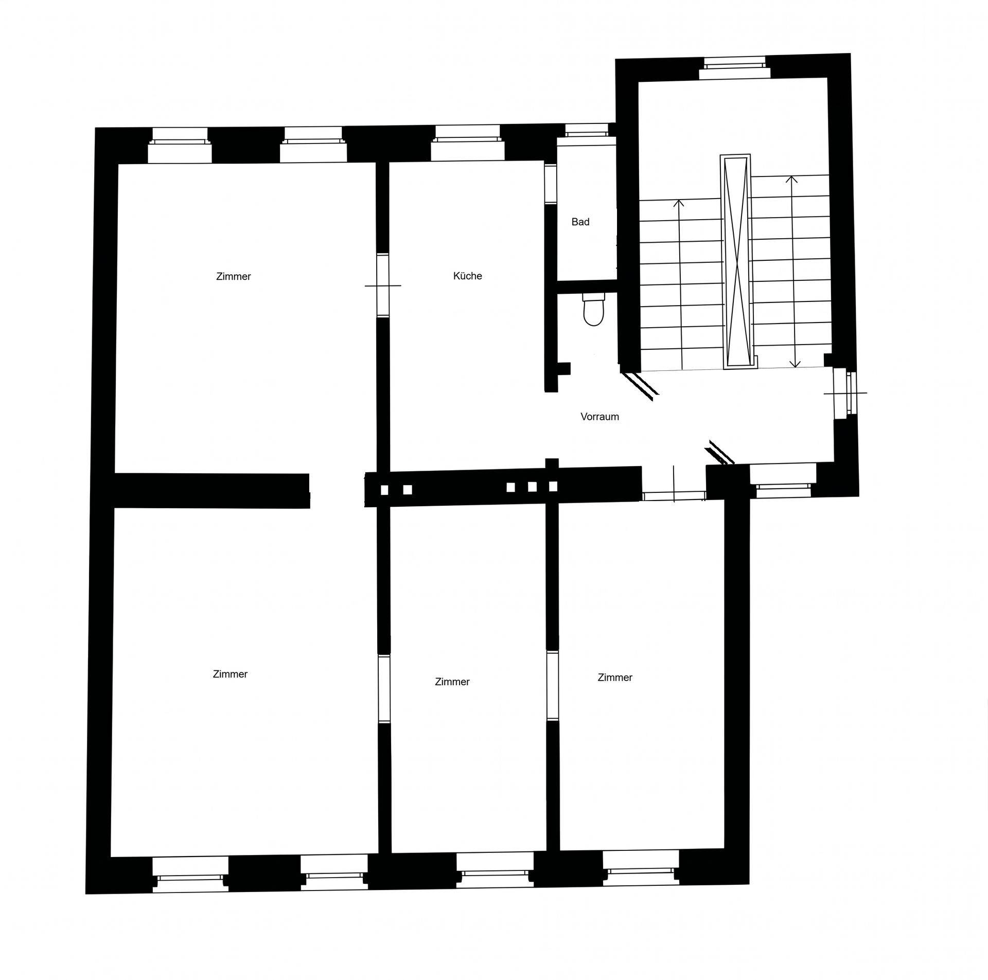 Grundriss einer Etage mit mehreren Zimmern, Küche, Bad und Treppenhaus.
