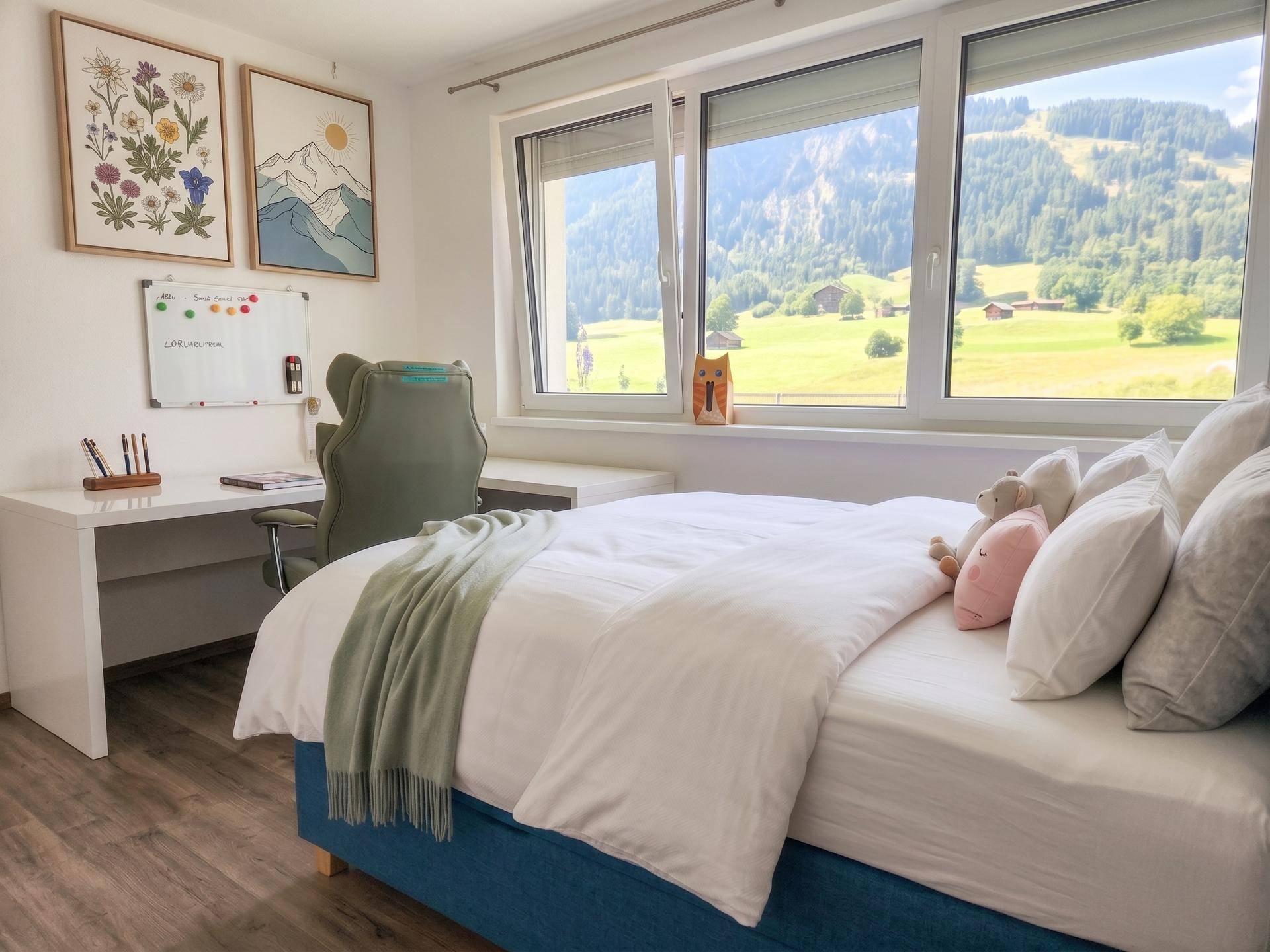 Schlafzimmer mit Schreibtisch und weitem Blick auf die grüne Berglandschaft.
