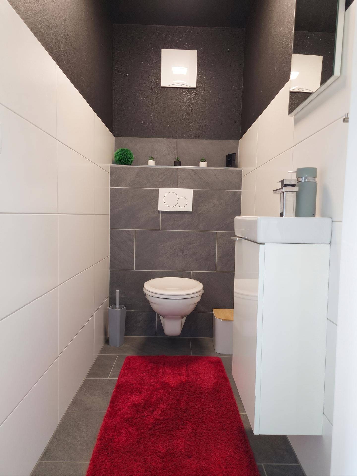 Modernes Gäste-WC mit Wand-WC, kleinem Waschbecken und dunklen Fliesen.